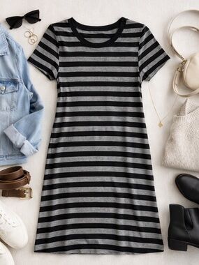 Mossimo Black Gray Striped T-Shirt Dress Size Large Casual Stretch